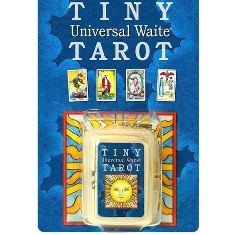 Tiny Universal Waite Tarot set packaging with tarot card images on a blue background