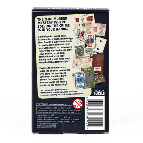 Back of a card game packaging with text and images of playing cards and puzzle pieces.