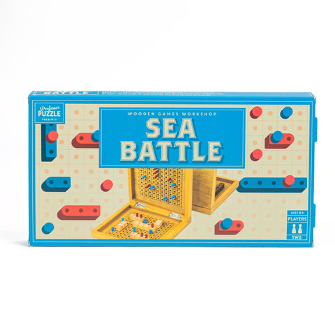 Box of Sea Battle board game by Wooden Games Workshop on a white background