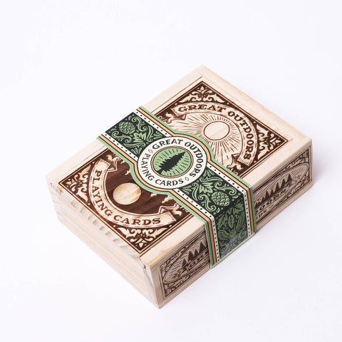 Playing card box with 'Great Outdoors' design on a white background