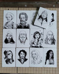 Set of black and white illustrations of various characters on a grid layout.