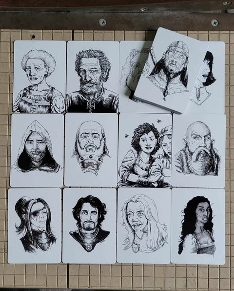 Set of black and white illustrations of various characters on a grid layout.
