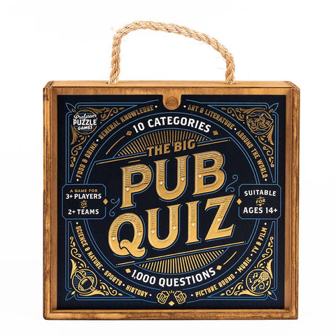 Board game box for 'The Big Pub Quiz' with wooden frame and decorative text.
