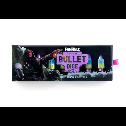 Box of Bullet Dice with a character and colorful dice on a white background