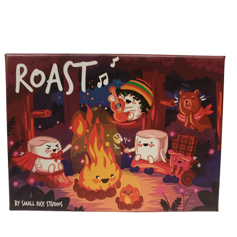 Illustrated product packaging with characters around a campfire, featuring the word 'Roast'.