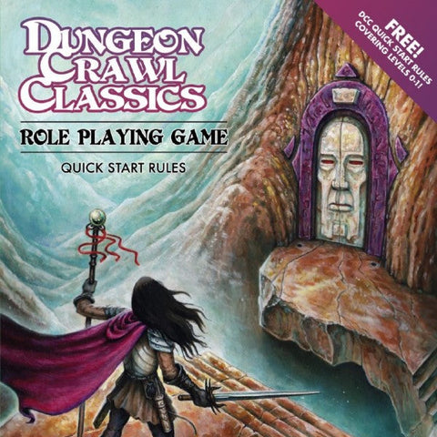 Dungeon Crawl Classics role-playing game book cover with a character holding a sword and a purple cape, facing a stone altar.