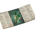 A printed map poster or guide spread laid on a white background, showing a stylized island map with labeled locations and surrounding text panels.