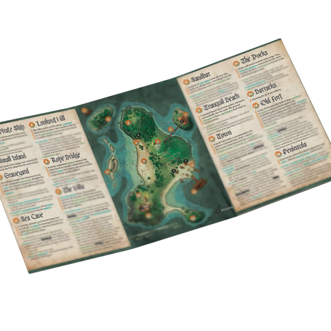 A printed map poster or guide spread laid on a white background, showing a stylized island map with labeled locations and surrounding text panels.