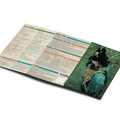 An open printed booklet or game rulebook spread on a white background, showing printed text on one page and illustrated cover art on the other. 