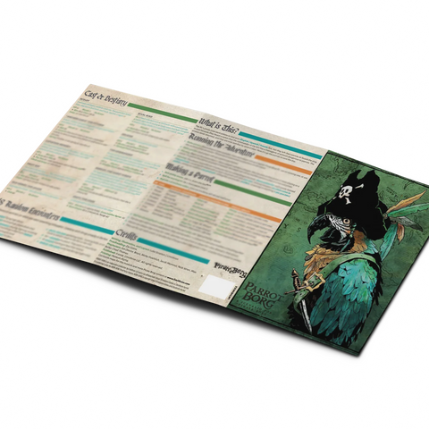 An open printed booklet or game rulebook spread on a white background, showing printed text on one page and illustrated cover art on the other. 