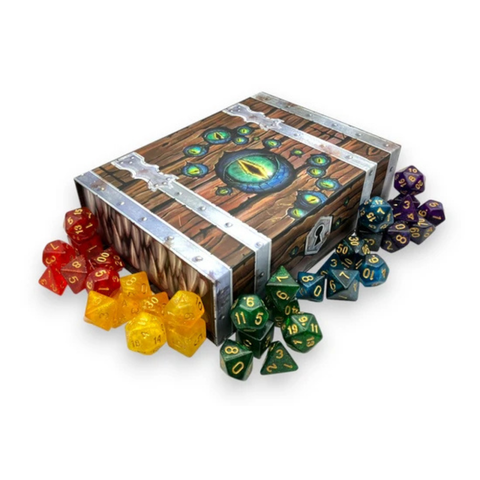 Wooden appearing treasure chest with colorful polyhedral dice on a white background
