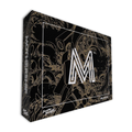 Product packaging with a prominent 'M' logo on a black and gold background