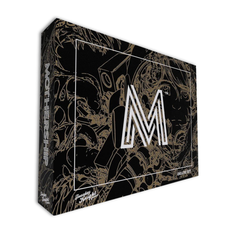 Product packaging with a prominent 'M' logo on a black and gold background