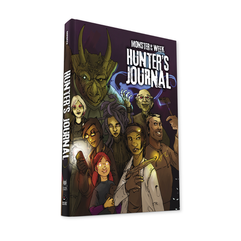 Book titled 'Hunter's Journal' with a cover featuring characters and a monster on a white background
