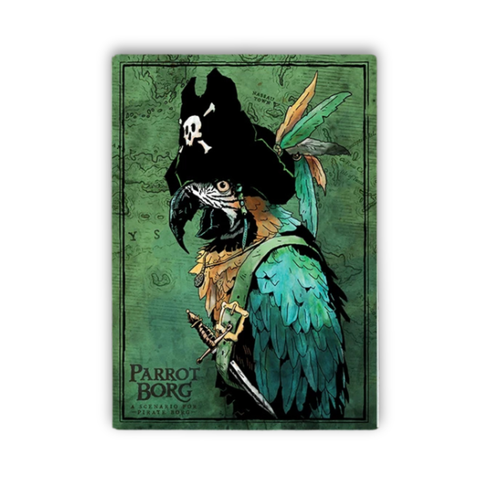 A rectangular cover art featuring an illustrated pirate parrot wearing a black hat with a skull-and-crossbones and a feathered hatband, set against a green map-style background. The text 'Parrot Borg' appears at the bottom.