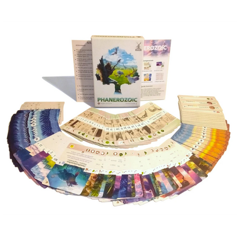 Board game components including cards and a box labeled 'Phanerozoic' on a white background