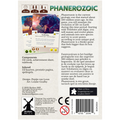 Back cover of a board game packaging titled 'Phanerozoic' with game components and design details.