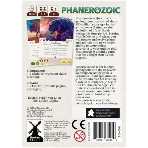 Back cover of a board game packaging titled 'Phanerozoic' with game components and design details.