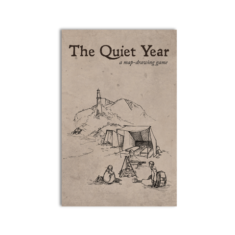 Game box for 'The Quiet Year' with a lighthouse and tent illustration on a white background
