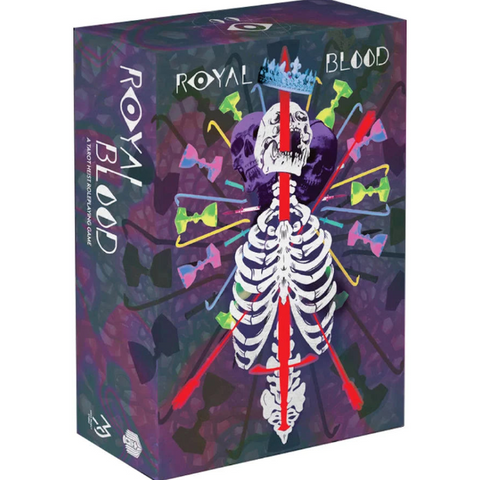 A boxed product titled 'Royal Blood' shown at a slight angle. The box features a dark purple and black illustrated background with a white skeleton centered on the front, a purple crown at the skull, and multiple bright bow-tie shapes in pink, green, blue, yellow, and red.