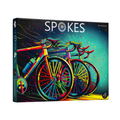 Board game box titled 'Spokes' with colorful bicycle illustration on a white background