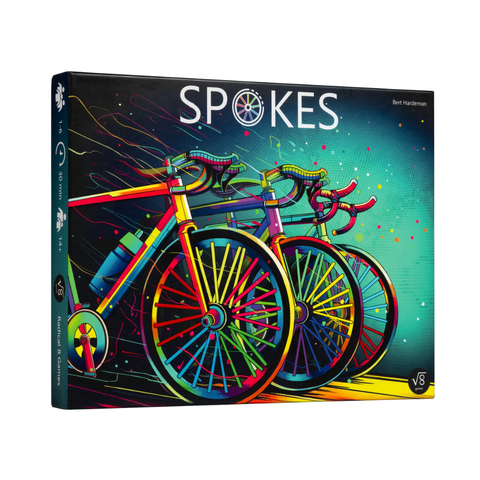 Board game box titled 'Spokes' with colorful bicycle illustration on a white background