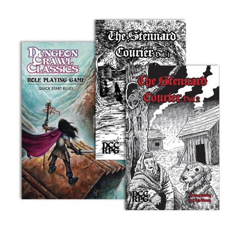 Two role-playing game books, 'Dungeon Crawl Classics' and 'The Stennard Countess', on a white background.