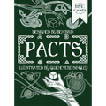 Front cover of the board game Pacts, designed by Ben Brin and illustrated by Gwenevere Singley, published by DVC Games. The cover features a dark forest green background with intricate white Celtic-style line art, including a winged figure, a hand holding a cube, and geometric patterns.