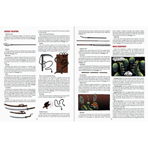 Page from a book or magazine featuring illustrations of ancient weapons and equipment with text on a white background.