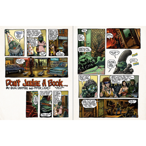 Comic book panels with various characters and scenes, featuring text bubbles and a title.