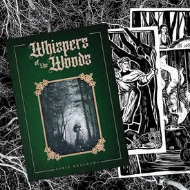 Book titled 'Whispers of the Woods' with a black and white illustration on a dark background