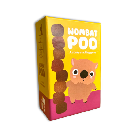 Wombat Poo game box with cartoon wombat and wooden pieces on a yellow and pink background