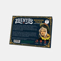 The back of the 'Zhena's Wonder Tales' board game box, featuring a dark navy blue background with gold borders, white title text, and an illustration of a woman with a green hat and yellow ruff collar.