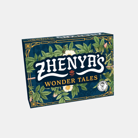 Board game box titled 'Zhenya's Wonder Tales' with floral design on a white background